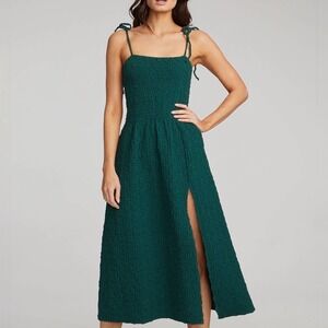 Saltwater Lux BRITTON MIDI DRESS Smocked Green Tie Strap Slit Size Medium